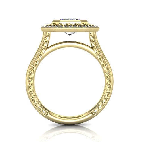 Collins emerald vintage halo engagement ring in 18K Yellow Gold, through-finger front profile showing the filigree gallery and halo head above the plain engraved band