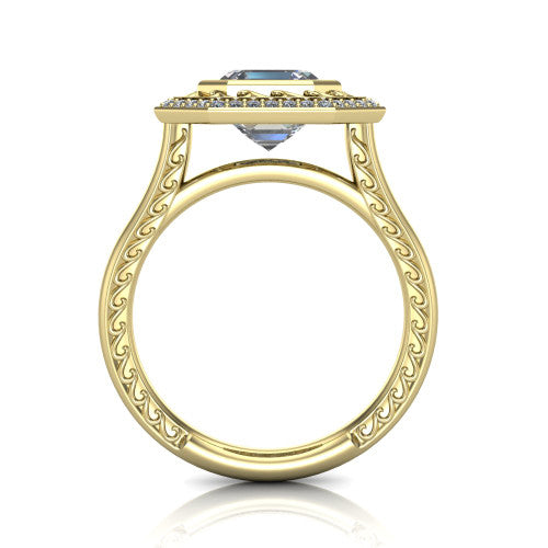 Collins square emerald vintage halo engagement ring in 18K Yellow Gold, through-finger front profile showing the filigree gallery and halo head above the plain engraved band