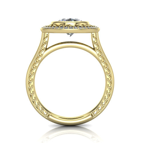 Collins oval vintage halo engagement ring in 18K Yellow Gold, through-finger front profile showing the filigree gallery and halo head above the plain engraved band