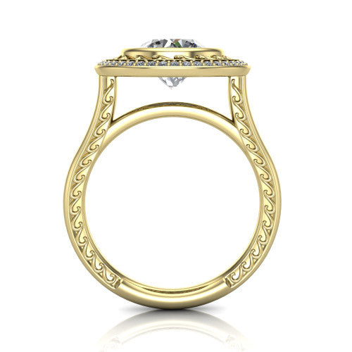 Collins round vintage halo engagement ring in 18K Yellow Gold, through-finger front profile showing the filigree gallery and halo head above the plain engraved band