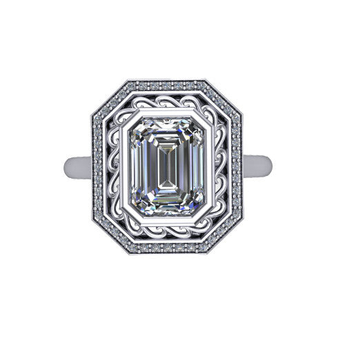 Collins emerald vintage halo engagement ring in Platinum, top-down view showing the filigree scrollwork inside the pav&eacute; halo framing the emerald center