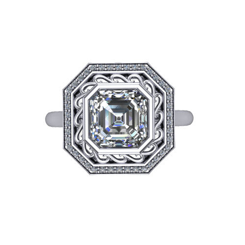 Collins square emerald vintage halo engagement ring in 14K White Gold, top-down view showing the filigree scrollwork inside the pav&eacute; halo framing the square emerald center