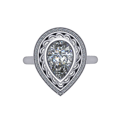 Collins pear vintage halo engagement ring in Platinum, top-down view showing the filigree scrollwork inside the pav&eacute; halo framing the pear center