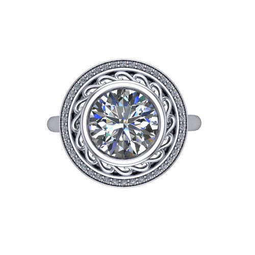 Collins round vintage halo engagement ring in 14K White Gold, top-down view showing the filigree scrollwork inside the pav&eacute; halo framing the round center