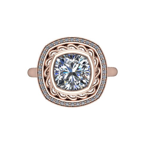 Collins cushion vintage halo engagement ring in 14K Rose Gold, top-down view showing the filigree scrollwork inside the pav&eacute; halo framing the cushion center