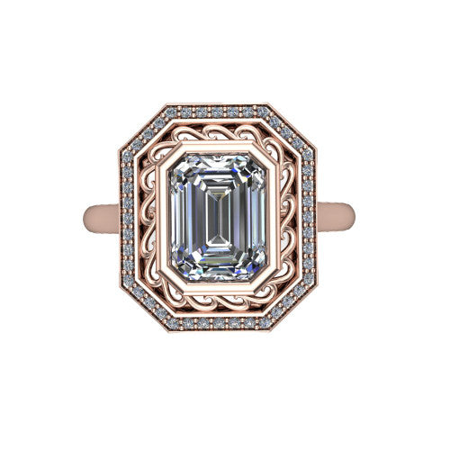 Collins emerald vintage halo engagement ring in 14K Rose Gold, top-down view showing the filigree scrollwork inside the pav&eacute; halo framing the emerald center