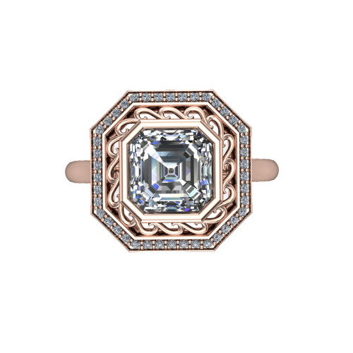 Collins square emerald vintage halo engagement ring in 14K Rose Gold, top-down view showing the filigree scrollwork inside the pav&eacute; halo framing the square emerald center