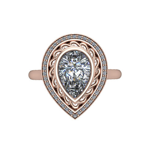 Collins pear vintage halo engagement ring in 14K Rose Gold, top-down view showing the filigree scrollwork inside the pav&eacute; halo framing the pear center