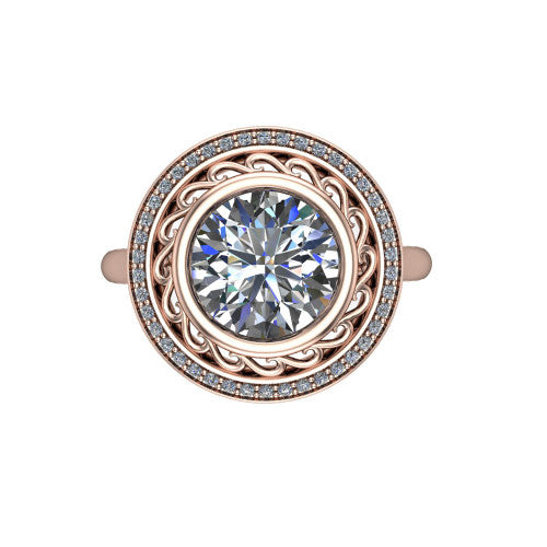 Collins round vintage halo engagement ring in 14K Rose Gold, top-down view showing the filigree scrollwork inside the pav&eacute; halo framing the round center