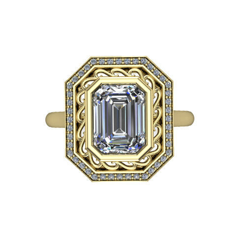 Collins emerald vintage halo engagement ring in 18K Yellow Gold, top-down view showing the filigree scrollwork inside the pav&eacute; halo framing the emerald center