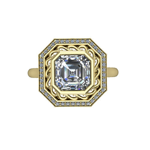 Collins square emerald vintage halo engagement ring in 18K Yellow Gold, top-down view showing the filigree scrollwork inside the pav&eacute; halo framing the square emerald center