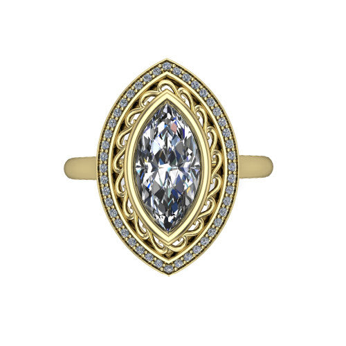 Collins marquise vintage halo engagement ring in 14K Yellow Gold, top-down view showing the filigree scrollwork inside the pav&eacute; halo framing the marquise center