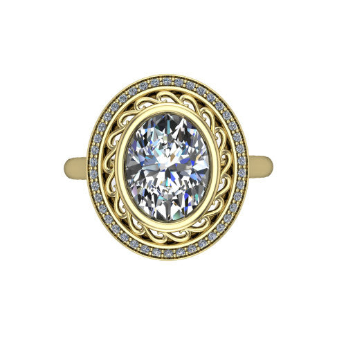 Collins oval vintage halo engagement ring in 14K Yellow Gold, top-down view showing the filigree scrollwork inside the pav&eacute; halo framing the oval center