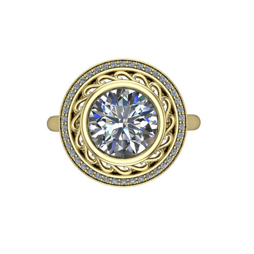 Collins round vintage halo engagement ring in 18K Yellow Gold, top-down view showing the filigree scrollwork inside the pav&eacute; halo framing the round center