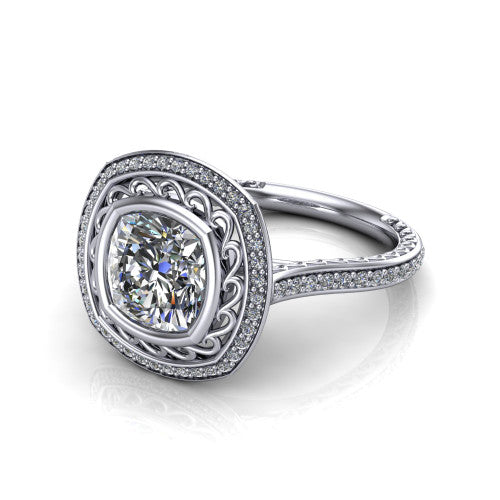 Aniyah cushion vintage halo engagement ring in 18K White Gold, three-quarter perspective showing the cushion center in a filigree-lined pav&eacute; halo above a fully pav&eacute; band