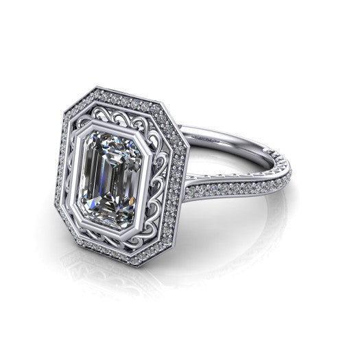 Aniyah emerald vintage halo engagement ring in 18K White Gold, three-quarter perspective showing the emerald center in a filigree-lined pav&eacute; halo above a fully pav&eacute; band