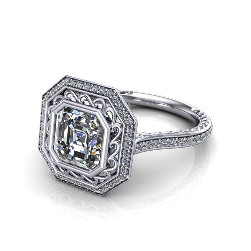 Aniyah square emerald vintage halo engagement ring in Platinum, three-quarter perspective showing the square emerald center in a filigree-lined pav&eacute; halo above a fully pav&eacute; band