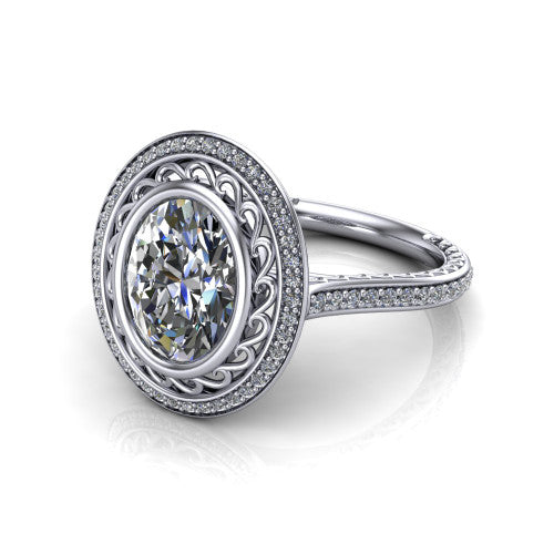 Aniyah oval vintage halo engagement ring in Platinum, three-quarter perspective showing the oval center in a filigree-lined pav&eacute; halo above a fully pav&eacute; band