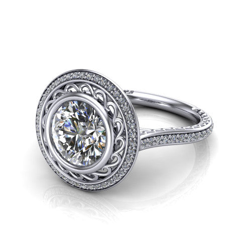 Aniyah round vintage halo engagement ring in 14K White Gold, three-quarter perspective showing the round center in a filigree-lined pav&eacute; halo above a fully pav&eacute; band