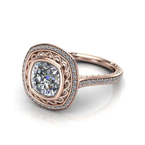 Aniyah cushion vintage halo engagement ring in 14K Rose Gold, three-quarter perspective showing the cushion center in a filigree-lined pav&eacute; halo above a fully pav&eacute; band
