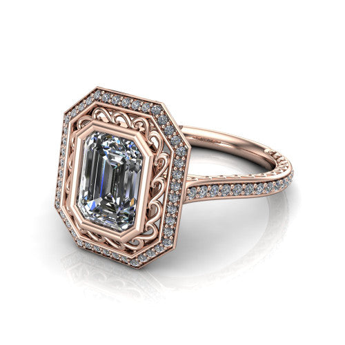 Aniyah emerald vintage halo engagement ring in 14K Rose Gold, three-quarter perspective showing the emerald center in a filigree-lined pav&eacute; halo above a fully pav&eacute; band