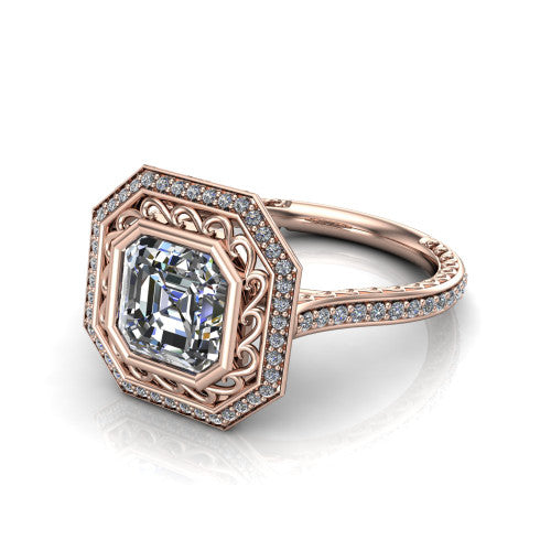 Aniyah square emerald vintage halo engagement ring in 14K Rose Gold, three-quarter perspective showing the square emerald center in a filigree-lined pav&eacute; halo above a fully pav&eacute; band