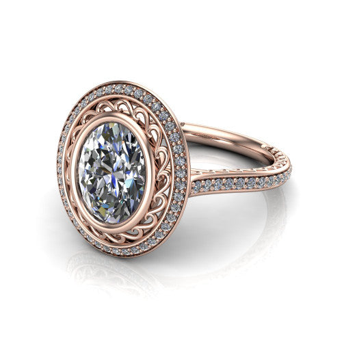 Aniyah oval vintage halo engagement ring in 14K Rose Gold, three-quarter perspective showing the oval center in a filigree-lined pav&eacute; halo above a fully pav&eacute; band