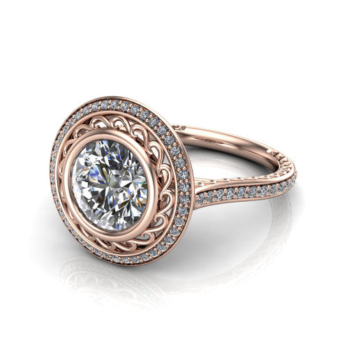 Aniyah round vintage halo engagement ring in 14K Rose Gold, three-quarter perspective showing the round center in a filigree-lined pav&eacute; halo above a fully pav&eacute; band