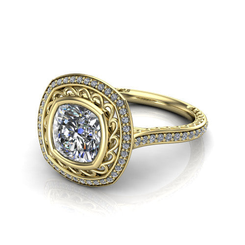 Aniyah cushion vintage halo engagement ring in 14K Yellow Gold, three-quarter perspective showing the cushion center in a filigree-lined pav&eacute; halo above a fully pav&eacute; band
