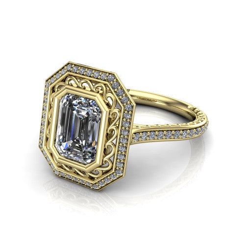 Aniyah emerald vintage halo engagement ring in 14K Yellow Gold, three-quarter perspective showing the emerald center in a filigree-lined pav&eacute; halo above a fully pav&eacute; band
