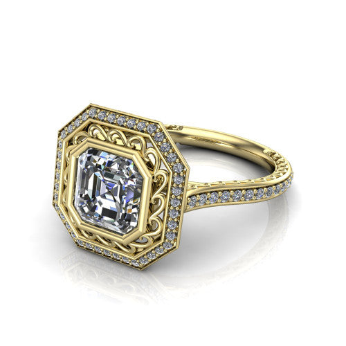 Aniyah square emerald vintage halo engagement ring in 18K Yellow Gold, three-quarter perspective showing the square emerald center in a filigree-lined pav&eacute; halo above a fully pav&eacute; band