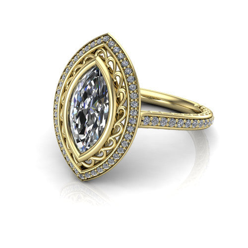 Aniyah marquise vintage halo engagement ring in 14K Yellow Gold, three-quarter perspective showing the marquise center in a filigree-lined pav&eacute; halo above a fully pav&eacute; band