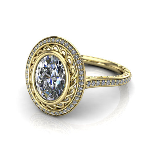 Aniyah oval vintage halo engagement ring in 18K Yellow Gold, three-quarter perspective showing the oval center in a filigree-lined pav&eacute; halo above a fully pav&eacute; band