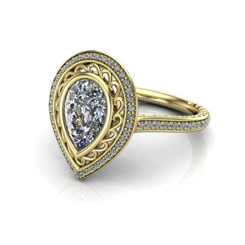 Aniyah pear vintage halo engagement ring in 18K Yellow Gold, three-quarter perspective showing the pear center in a filigree-lined pav&eacute; halo above a fully pav&eacute; band