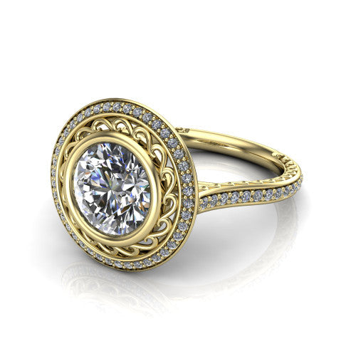 Aniyah round vintage halo engagement ring in 14K Yellow Gold, three-quarter perspective showing the round center in a filigree-lined pav&eacute; halo above a fully pav&eacute; band