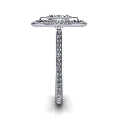 Aniyah oval vintage halo engagement ring in 18K White Gold, side profile showing the fully pav&eacute; band with milgrain edges and the vintage filigree halo in profile