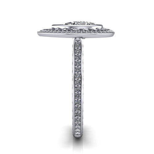 Aniyah pear vintage halo engagement ring in 18K White Gold, side profile showing the fully pav&eacute; band with milgrain edges and the vintage filigree halo in profile