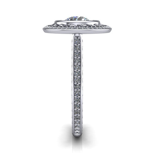 Aniyah round vintage halo engagement ring in Platinum, side profile showing the fully pav&eacute; band with milgrain edges and the vintage filigree halo in profile