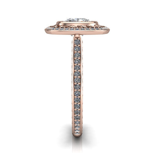 Aniyah cushion vintage halo engagement ring in 14K Rose Gold, side profile showing the fully pav&eacute; band with milgrain edges and the vintage filigree halo in profile