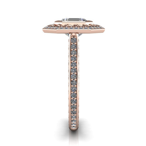 Aniyah square emerald vintage halo engagement ring in 14K Rose Gold, side profile showing the fully pav&eacute; band with milgrain edges and the vintage filigree halo in profile