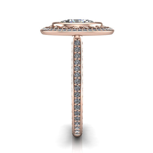 Aniyah oval vintage halo engagement ring in 18K Rose Gold, side profile showing the fully pav&eacute; band with milgrain edges and the vintage filigree halo in profile