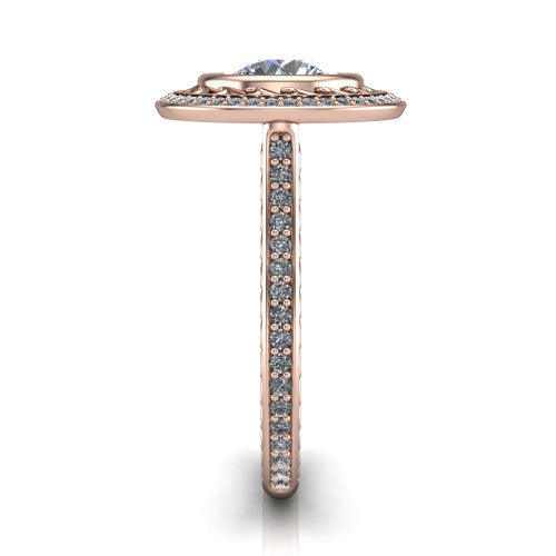 Aniyah round vintage halo engagement ring in 14K Rose Gold, side profile showing the fully pav&eacute; band with milgrain edges and the vintage filigree halo in profile