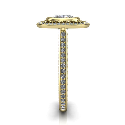 Aniyah cushion vintage halo engagement ring in 14K Yellow Gold, side profile showing the fully pav&eacute; band with milgrain edges and the vintage filigree halo in profile