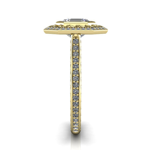 Aniyah square emerald vintage halo engagement ring in 18K Yellow Gold, side profile showing the fully pav&eacute; band with milgrain edges and the vintage filigree halo in profile