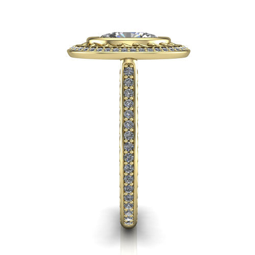 Aniyah oval vintage halo engagement ring in 14K Yellow Gold, side profile showing the fully pav&eacute; band with milgrain edges and the vintage filigree halo in profile
