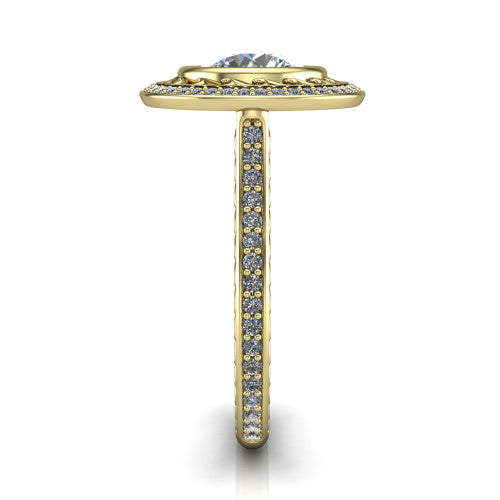 Aniyah round vintage halo engagement ring in 14K Yellow Gold, side profile showing the fully pav&eacute; band with milgrain edges and the vintage filigree halo in profile