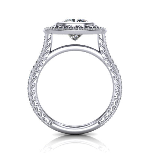 Aniyah cushion vintage halo engagement ring in 14K White Gold, through-finger front profile showing the filigree gallery and halo head above the pav&eacute; band