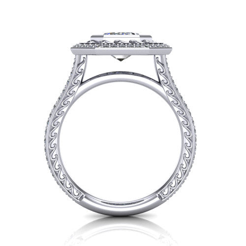 Aniyah emerald vintage halo engagement ring in 18K White Gold, through-finger front profile showing the filigree gallery and halo head above the pav&eacute; band