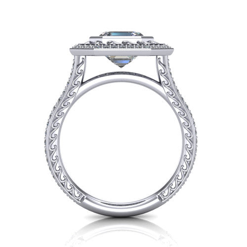 Aniyah square emerald vintage halo engagement ring in 18K White Gold, through-finger front profile showing the filigree gallery and halo head above the pav&eacute; band