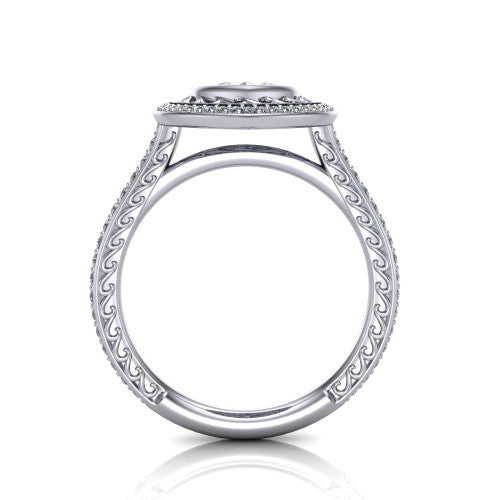 Aniyah marquise vintage halo engagement ring in 18K White Gold, through-finger front profile showing the filigree gallery and halo head above the pav&eacute; band